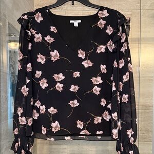 bar III Black & Pink Floral Top with Ruffles
